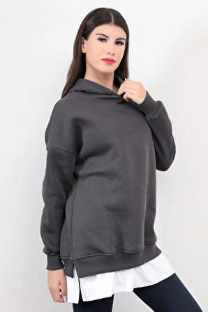 Füme Kadın Oversize Kapüşonlu Sweatshirt Eteği T-Shirt Katman Detaylı Ribanalı Hoodie - 2520