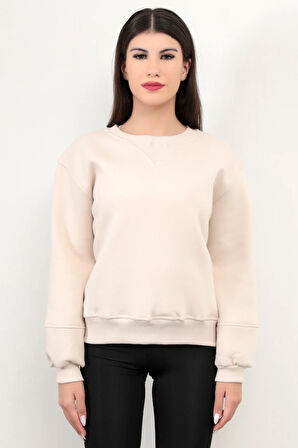 Bej Kadın Basic Sweatshirt Yakası V Rabina Detaylı Üç İplik Pamuk Karışımlı - 2574