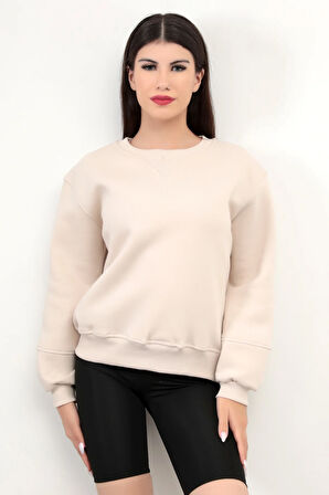 Bej Kadın Basic Sweatshirt Yakası V Rabina Detaylı Üç İplik Pamuk Karışımlı - 2574