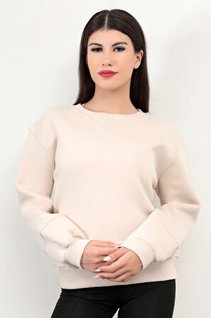 Bej Kadın Basic Sweatshirt Yakası V Rabina Detaylı Üç İplik Pamuk Karışımlı - 2574