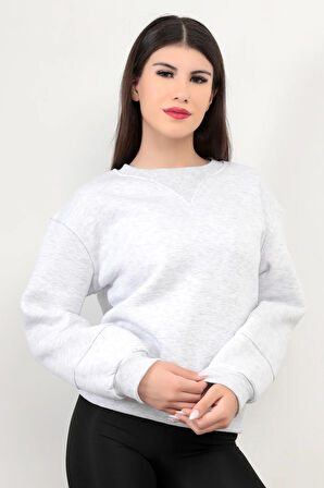 Kar Melanj Kadın Basic Sweatshirt Yakası V Rabina Detaylı Üç İplik Pamuk Karışımlı - 2574