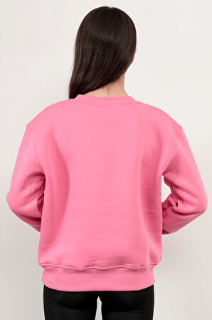 Pembe Kadın Basic Sweatshirt Yakası V Rabina Detaylı Üç İplik Pamuk Karışımlı - 2574