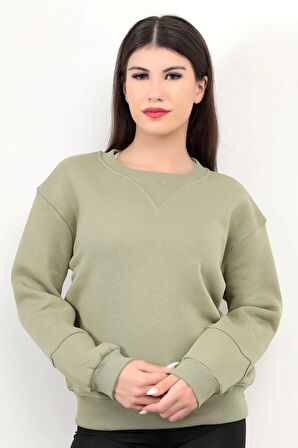 Zeytin Yeşili Kadın Basic Sweatshirt Yakası V Rabina Detaylı Üç İplik Pamuk Karışımlı - 2574