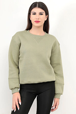 Zeytin Yeşili Kadın Basic Sweatshirt Yakası V Rabina Detaylı Üç İplik Pamuk Karışımlı - 2574