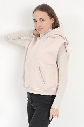 Kadın Bej Kolsuz Kapüşonlu Kanguru Cepli Oversize 3 İp Sweatshirt Hoodie - 2522