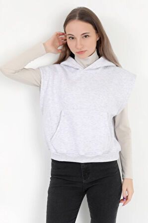 Kadın Karmelanj Kolsuz Kapüşonlu Kanguru Cepli Oversize 3 İp Sweatshirt Hoodie - 2522