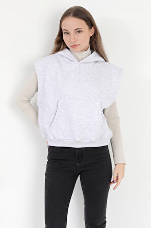 Kadın Karmelanj Kolsuz Kapüşonlu Kanguru Cepli Oversize 3 İp Sweatshirt Hoodie - 2522