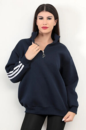 Kadın Oversize Sweatshirt Sırtı Şerit Detaylı Üç İplik Yarım Fermuar Dik Yaka Lacivert - 25113