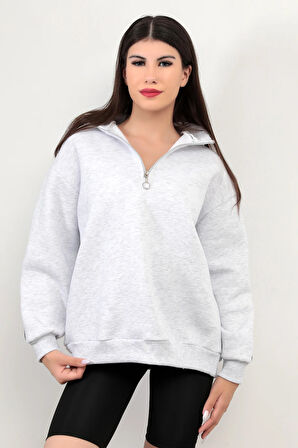 Kadın Oversize Sweatshirt Sırtı Şerit Detaylı Üç İplik Yarım Fermuar Dik Yaka Kar Melanj - 25113