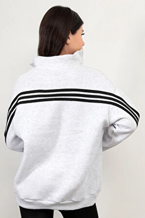 Kadın Oversize Sweatshirt Sırtı Şerit Detaylı Üç İplik Yarım Fermuar Dik Yaka Kar Melanj - 25113