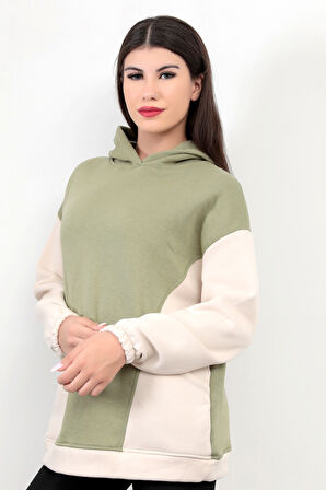 Kadın Kapüşonlu Oversize Sweatshirt Garnili Üç İplik Zeytin Yeşili Yan Cepli Hoodie - 2598