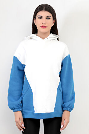 Kadın Kapüşonlu Oversize Beyaz Sweatshirt Mavi Garnili Üç İplik Yan Cepli Hoodie - 2598