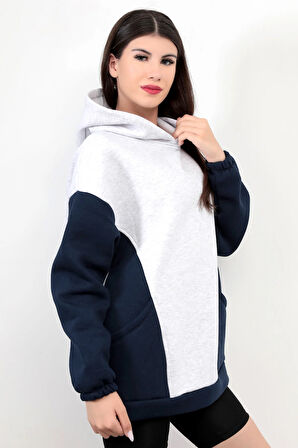 Kadın Kapüşonlu Oversize Sweatshirt Kar Melanj Garnili Üç İplik Yan Cepli Hoodie - 2598