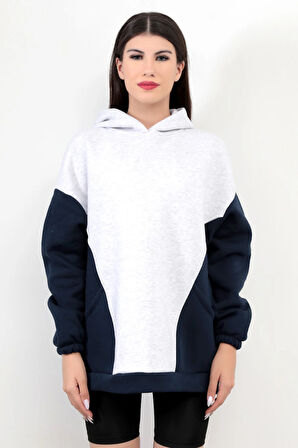 Kadın Kapüşonlu Oversize Sweatshirt Kar Melanj Garnili Üç İplik Yan Cepli Hoodie - 2598