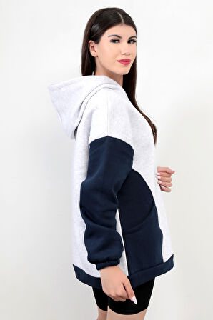 Kadın Kapüşonlu Oversize Sweatshirt Kar Melanj Garnili Üç İplik Yan Cepli Hoodie - 2598