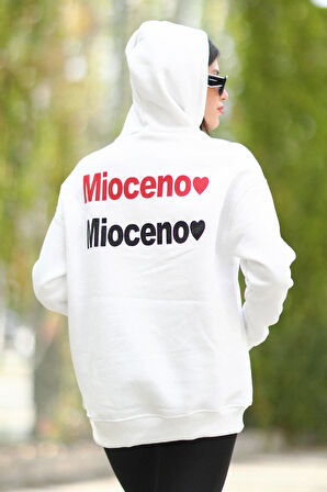 Beyaz Kapüşonlu Oversize Kadın Sweatshirt Mioceno Baskılı Pamuk Karışımlı Hoodie - 25100