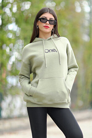 Haki Yeşil Kadın Oversize Kapüşonlu Sweatshirt Üç İplik Kanguru Cepli Baskılı Hoodie - 25110