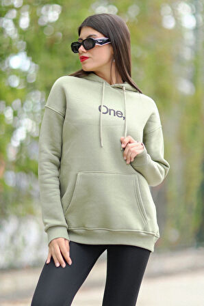 Haki Yeşil Kadın Oversize Kapüşonlu Sweatshirt Üç İplik Kanguru Cepli Baskılı Hoodie - 25110