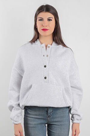 Oversize Kadın Kapüşonlu Sweatshirt Yarım Çıtçıt Kapama Kanguru Cep Kar Melanj Hoodie - 2591