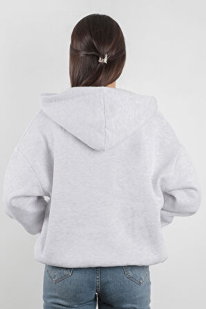 Oversize Kadın Kapüşonlu Sweatshirt Yarım Çıtçıt Kapama Kanguru Cep Kar Melanj Hoodie - 2591