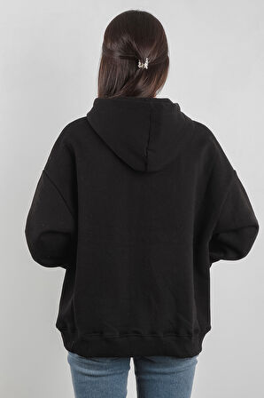 Oversize Kadın Kapüşonlu Sweatshirt Yarım Çıtçıt Kapama Kanguru Cep Siyah Hoodie - 2591