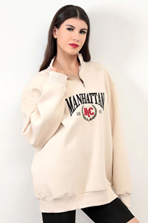 Bej Manhattan Pamuk Karışımlı Yarım Fermuar Dik Yaka Kadın Oversize Sweatshirt - 9012