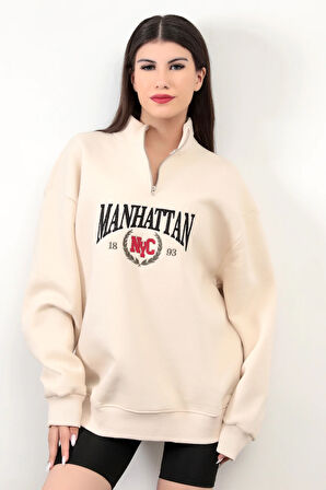 Bej Manhattan Pamuk Karışımlı Yarım Fermuar Dik Yaka Kadın Oversize Sweatshirt - 9012