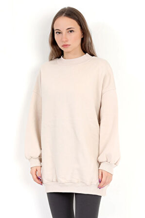 Kadın Bej Üç İplik Pamuklu Ribanalı Bisiklet Yaka Oversize Sweatshirt - 2523