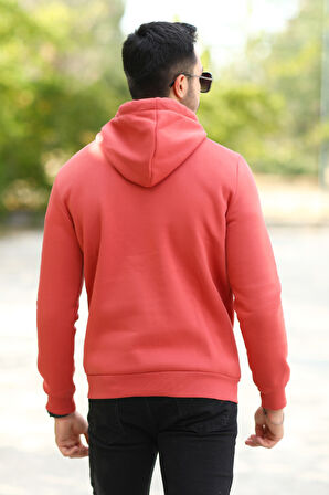 Kiremit Rengi Erkek Kapüşonlu Sweatshirt Kanguru Cepli Pamuk Karışımlı Oversize Hoodie - 5281