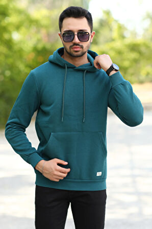 Koyu Yeşil Rengi Erkek Kapüşonlu Sweatshirt Kanguru Cepli Pamuk Karışımlı Oversize Hoodie - 5281