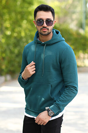 Koyu Yeşil Rengi Erkek Kapüşonlu Sweatshirt Kanguru Cepli Pamuk Karışımlı Oversize Hoodie - 5281