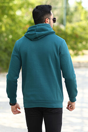 Koyu Yeşil Rengi Erkek Kapüşonlu Sweatshirt Kanguru Cepli Pamuk Karışımlı Oversize Hoodie - 5281