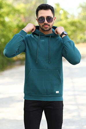 Koyu Yeşil Rengi Erkek Kapüşonlu Sweatshirt Kanguru Cepli Pamuk Karışımlı Oversize Hoodie - 5281