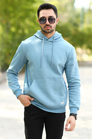 Açık Mavi Erkek Kapüşonlu Sweatshirt Kanguru Cepli Pamuk Karışımlı Oversize Hoodie - 5281