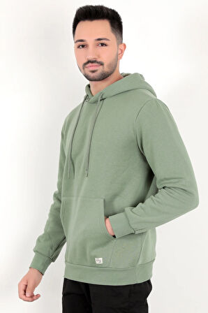 Açık Yeşil Erkek Kapüşonlu Sweatshirt Kanguru Cepli Pamuk Karışımlı Oversize Hoodie - 5281