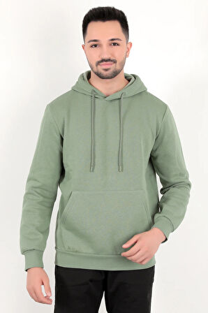 Açık Yeşil Erkek Kapüşonlu Sweatshirt Kanguru Cepli Pamuk Karışımlı Oversize Hoodie - 5281