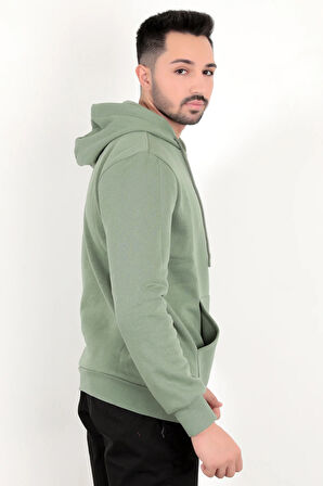 Açık Yeşil Erkek Kapüşonlu Sweatshirt Kanguru Cepli Pamuk Karışımlı Oversize Hoodie - 5281