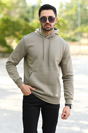 Vizon Rengi Erkek Kapüşonlu Sweatshirt Kanguru Cepli Pamuk Karışımlı Oversize Hoodie - 5281