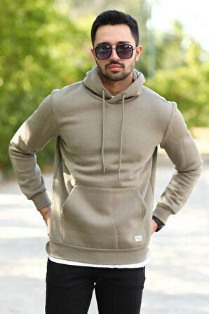 Vizon Rengi Erkek Kapüşonlu Sweatshirt Kanguru Cepli Pamuk Karışımlı Oversize Hoodie - 5281