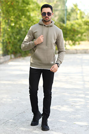 Vizon Rengi Erkek Kapüşonlu Sweatshirt Kanguru Cepli Pamuk Karışımlı Oversize Hoodie - 5281