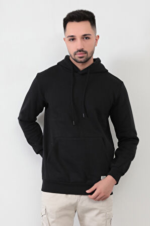 Siyah Rengi Erkek Kapüşonlu Sweatshirt Kanguru Cepli Pamuk Karışımlı Oversize Hoodie - 5281