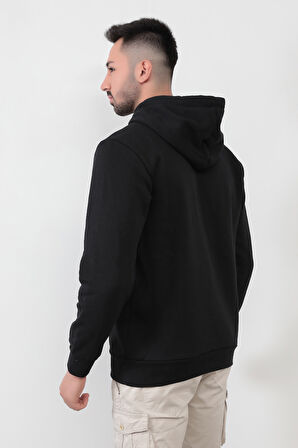 Siyah Rengi Erkek Kapüşonlu Sweatshirt Kanguru Cepli Pamuk Karışımlı Oversize Hoodie - 5281