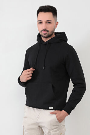 Siyah Rengi Erkek Kapüşonlu Sweatshirt Kanguru Cepli Pamuk Karışımlı Oversize Hoodie - 5281