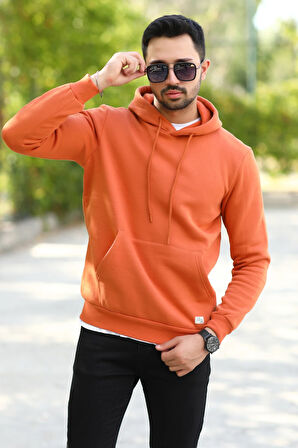 Tarçın Rengi Erkek Kapüşonlu Sweatshirt Kanguru Cepli Pamuk Karışımlı Oversize Hoodie - 5281