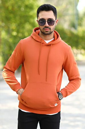 Tarçın Rengi Erkek Kapüşonlu Sweatshirt Kanguru Cepli Pamuk Karışımlı Oversize Hoodie - 5281