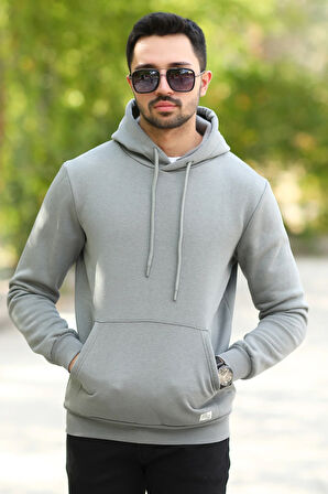 Açık Haki Rengi Erkek Kapüşonlu Sweatshirt Kanguru Cepli Pamuk Karışımlı Oversize Hoodie - 5281