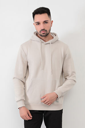 Kum Gri Rengi Erkek Kapüşonlu Sweatshirt Kanguru Cepli Pamuk Karışımlı Oversize Hoodie - 5281