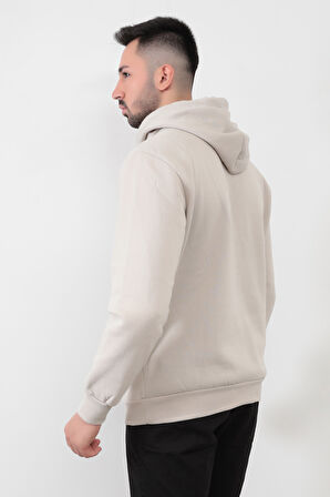 Kum Gri Rengi Erkek Kapüşonlu Sweatshirt Kanguru Cepli Pamuk Karışımlı Oversize Hoodie - 5281