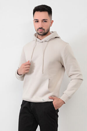 Kum Gri Rengi Erkek Kapüşonlu Sweatshirt Kanguru Cepli Pamuk Karışımlı Oversize Hoodie - 5281