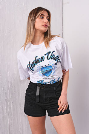 Eskitme Baskılı O Yaka Oversize %100 Pamuk Beyaz Kadın T-Shirt - 23114